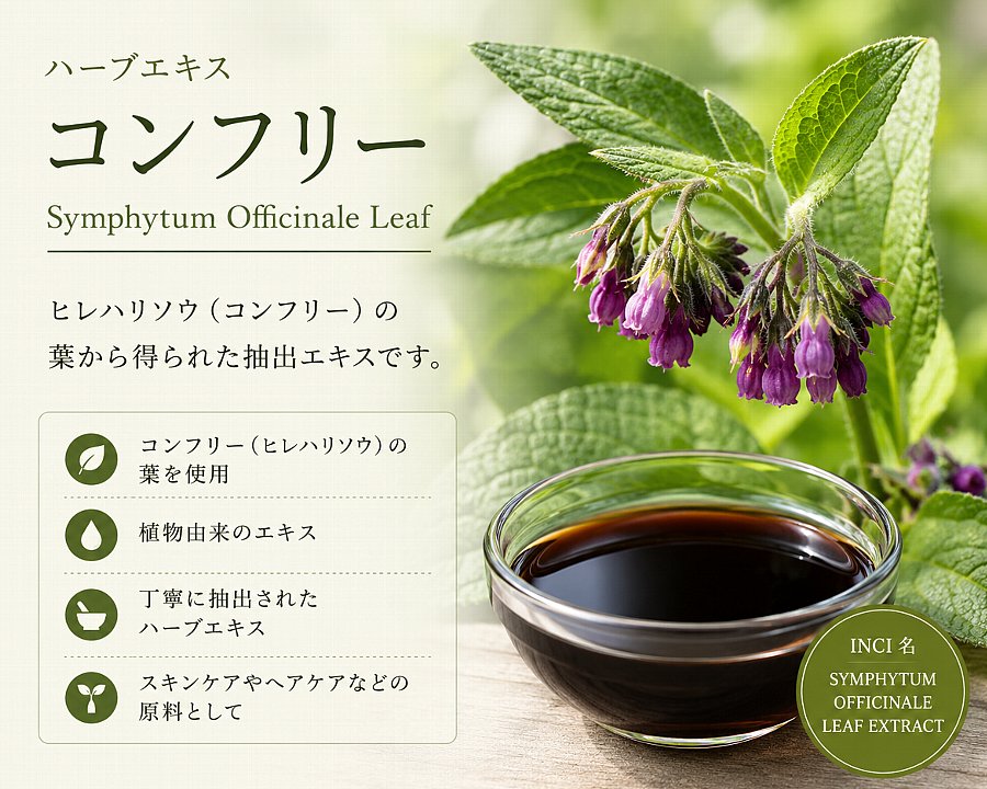 ハーブエキス　コンフリー Symphytum Officinale Leaf ・30ml　・100ml ヒレハリソウ（コンフリー）の葉から得られた抽出エキスです。